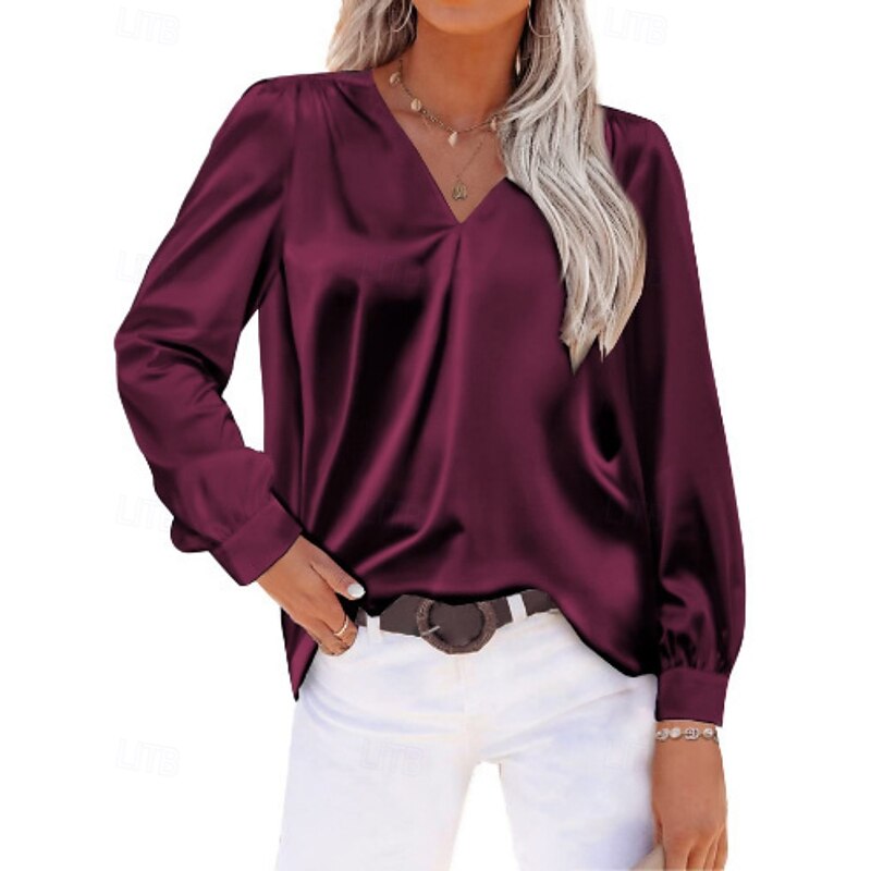 Women's Shirt Blouse Plain Modern Casual Satin Long Sleeve V Neck Regular Tops Holiday Going out Ruched Black Wine Green Apricot Fall2