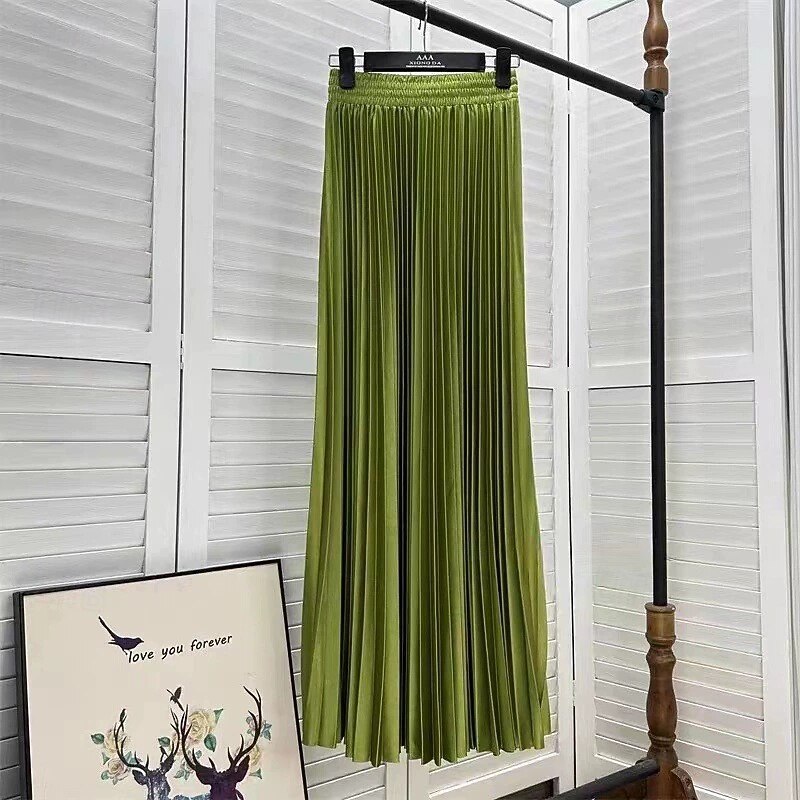 Women's Skirt A Line Fashion Casual Maxi High Waist Skirts Plain Pleated Micro-elastic Casual Daily Weekend Peacock Blue Violet Blue Dark Green Summer Polyester3