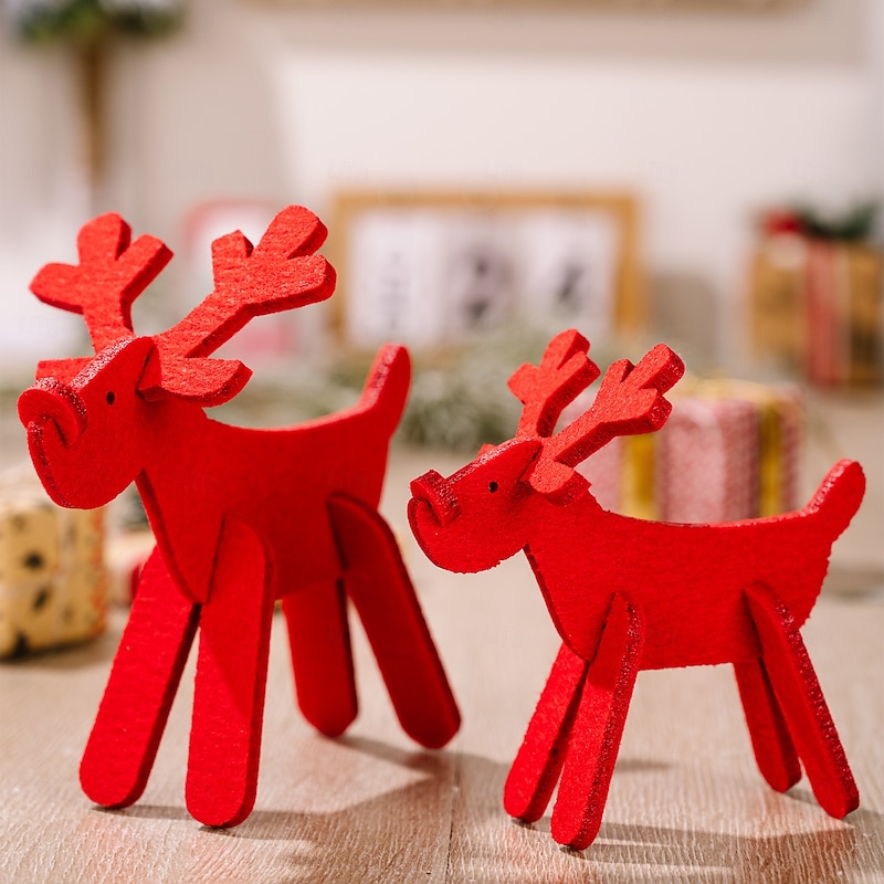 4pcs Christmas Felt Reindeer Figurine, Red DIY Small Deer Decorations, Antler Holiday Ornaments for Christmas Tree, Home and Party Decor3