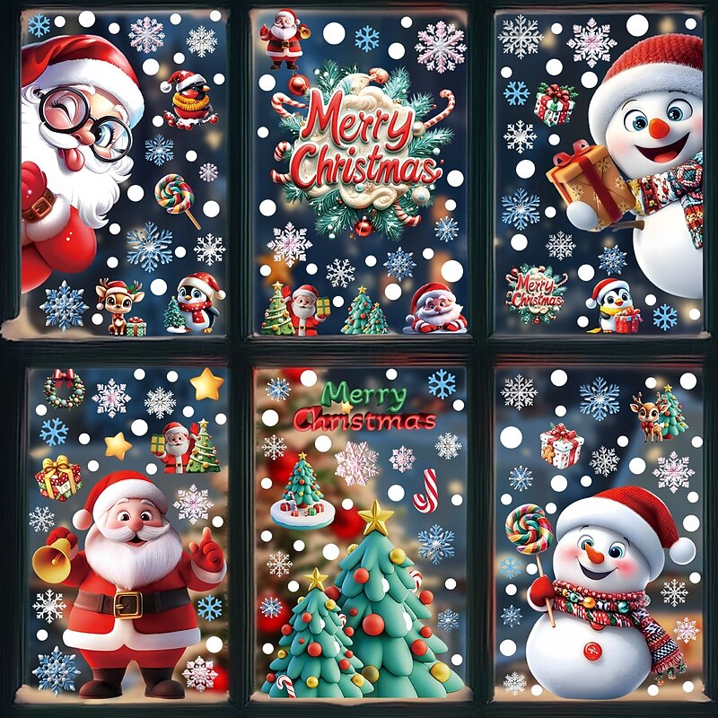 9 Sheets Christmas Window Cling Wall Sticker Decals Decorations, Gingerbread Men, Snowmen, Snowflakes & Santa Claus, Static Cling, Christmas Party Home & Store Decor4