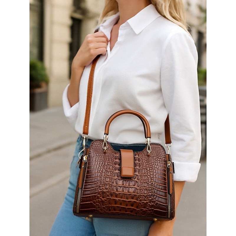 Women's Croc-Embossed Top-Handle Satchel – Structured Medium Tote Handbag with Detachable Crossbody Strap, Zip Accents & Gold Hardware for Work, Office, Travel & Everyday2