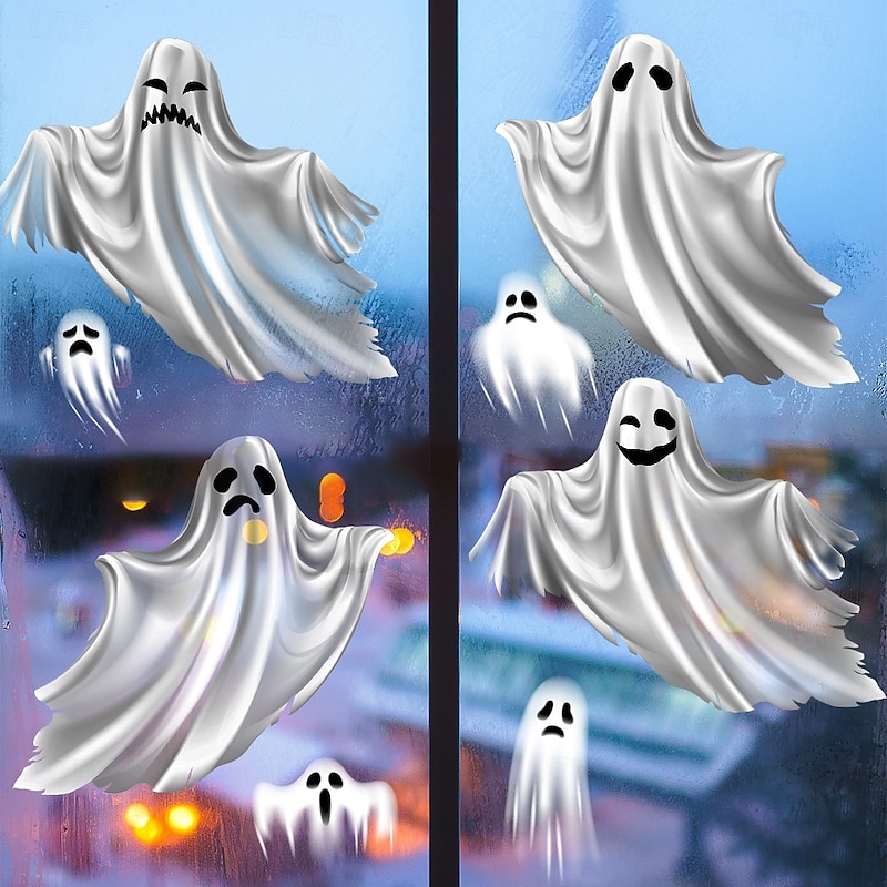 Halloween Window Cling Wall Sticker, White Ghost Glass Stickers, Removable Static Clings for Cabinet Glass Door Scene Decoration Halloween Party Home Decor