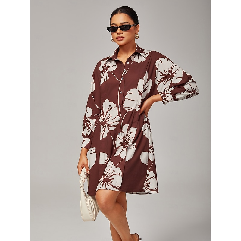 Women's Midi Dress Brown Floral Print Rayon Shirt Raglan Sleeve Adjustable Elastic Waistband Comfortable Fit Casual Daily Spring Summer Fall4