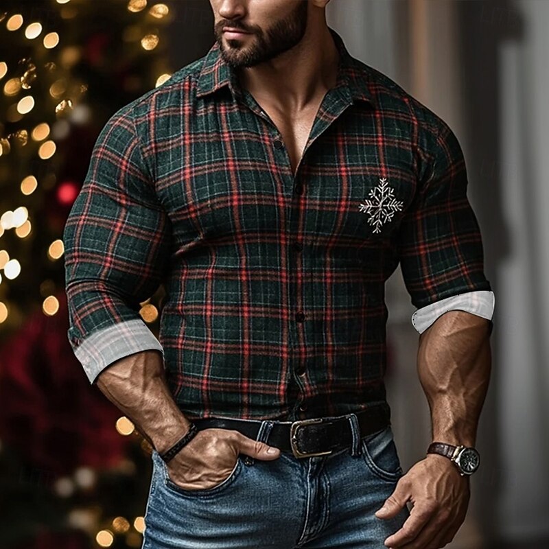 Men's Geometric Grid / Plaid Snowflake Shirt Button Up Shirt Casual Dress Shirt Long Sleeve Vintage Retro Outdoor Casual Holiday Spring Fall Turndown 3D Print Linen Like Shirt Dark Green Green
