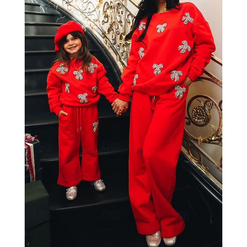 Mommy and Me Tops Bottom Floral Street Print Red Long Sleeve Maxi Sweet Matching Outfits