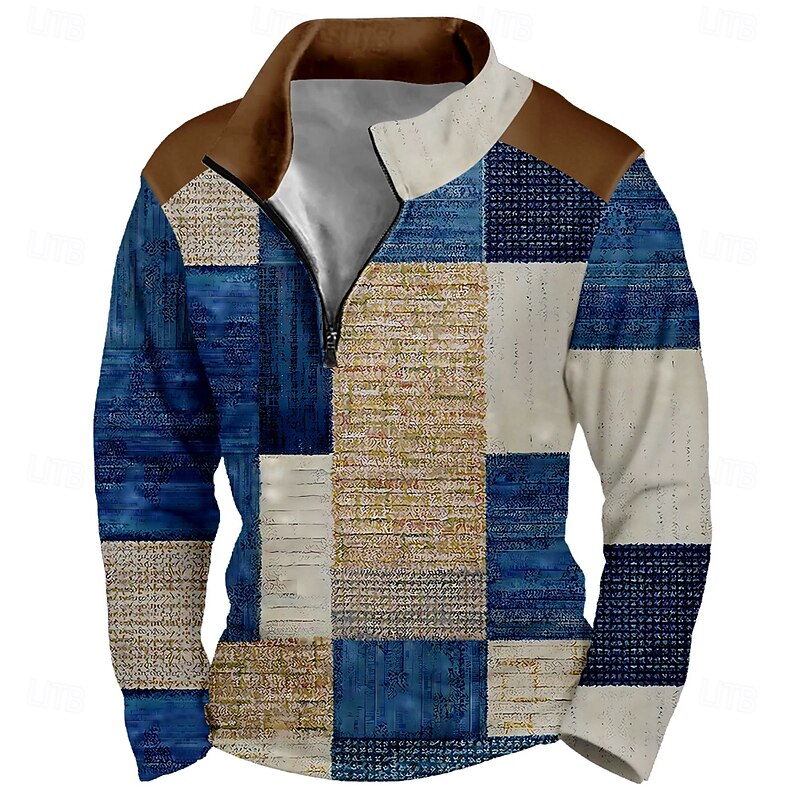 Men's Geometric Plaid Sweatshirt Sports Fashion Long Sleeve Zip Home Party Work Blue Brown Fall All Seasons Designer