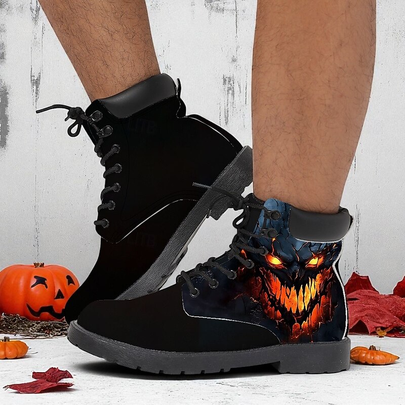 Men's Combat Boots with Fiery Skull Print – Gothic Halloween Style Ankle Boots for Party, Cosplay and Outdoor Wear4