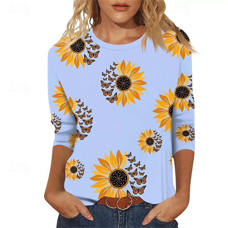 Women's T Shirt Graphic Sunflower Casual Short Sleeve Crew Neck Regular Tops Daily Going out Weekend Print Black White Yellow Orange Fall2