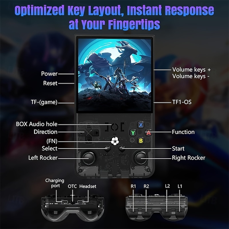 Upgraded R36MAX Handheld Game Console - Dual-Action Joystick USB Charging Rechargeable Lithium Battery Includes 64GB Card Black Carrying Case Perfect for Gaming on the Go Portable Gaming Console3