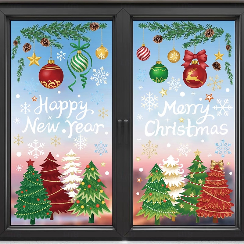 5 Sheets Christmas Window Cling Wall Sticker Decals Decorations, Creative Snowflakes, Hanging Ornaments & Christmas Trees, Static Cling, Storefront & Home Decor2