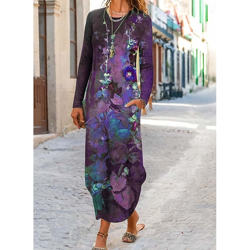 Women's Maxi Dress Sheath Dress T Shirt Dress Tee Dress Vacation Casual Daily Going out Loose Fit Floral Graphic Long Sleeve Crew Neck Purple Green Spring Fall Winter Autumn3
