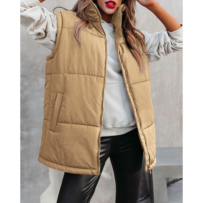 Women's Vest Warm Comfortable Zipper Pocket Fashion Plain Going out Weekend Zipper Regular Stand Collar Regular Fit Sleeveless Outerwear Black White Khaki Fall Winter