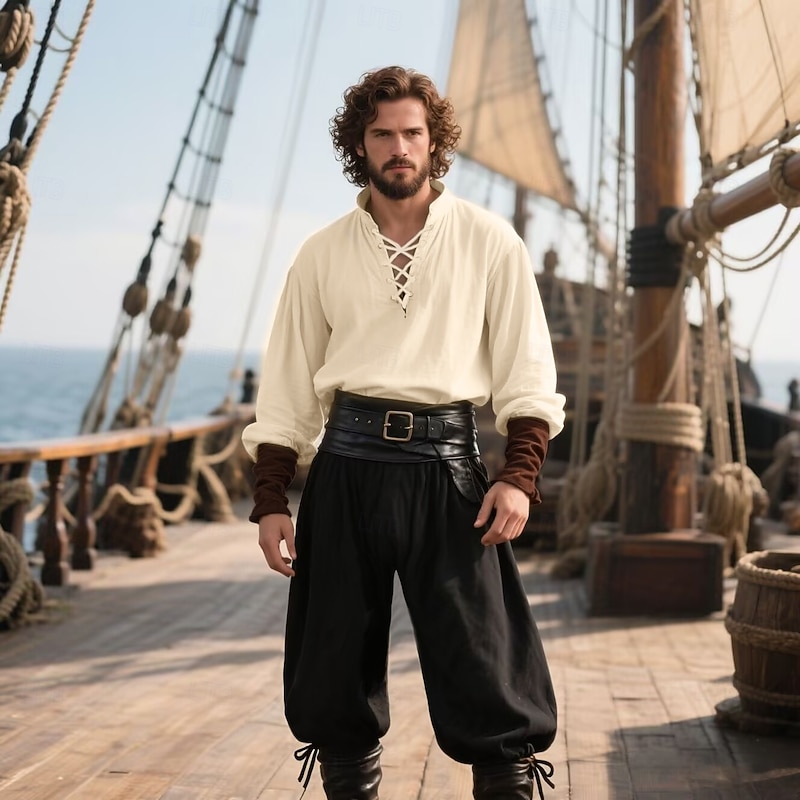 Retro Vintage Medieval Renaissance Outfits Shirt Pirate Pants Pirate Viking Fancy Dress Men's Viking Pirate Halloween Carnival Performance Party LARP Adults Shirt Pants Belt