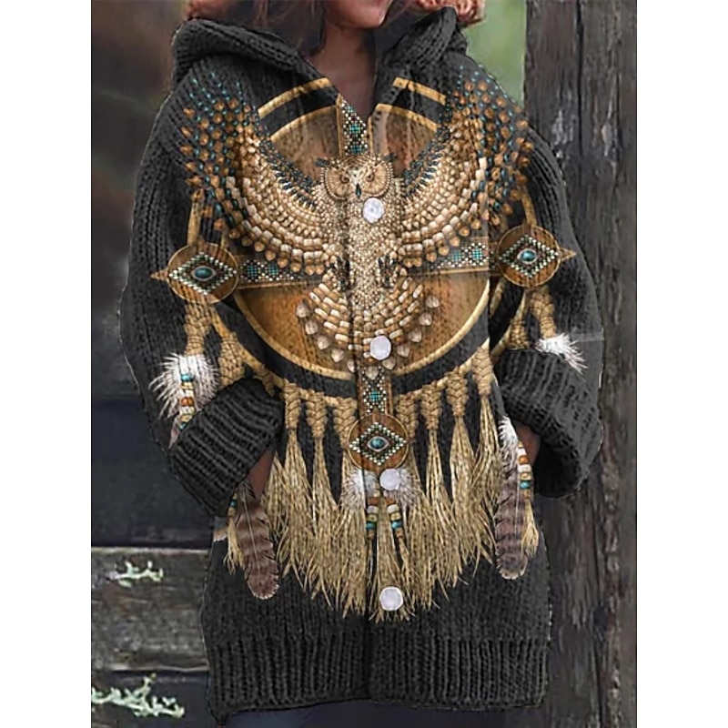 Women's Cardigan Vacation Vintage Daily Graphic Ribbed Hooded Knitted Print Front Pocket Long Sleeve Regular Tops Knit Outdoor Daily Holiday Black White Fall Winter