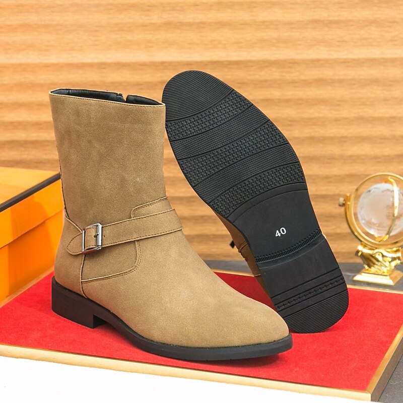 Men's Khaki Faux Suede Mid-Calf Boots with Side Buckle Straps, Retro Cowboy Style Boots for Casual Outfits and Party Occasions4