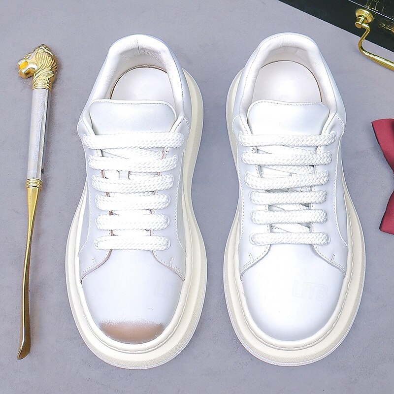 Men's White Leather Sneakers - Chunky Sole Casual Fashion Shoes for Urban Streetwear, Daily Walking, and Sporty City Outfits3