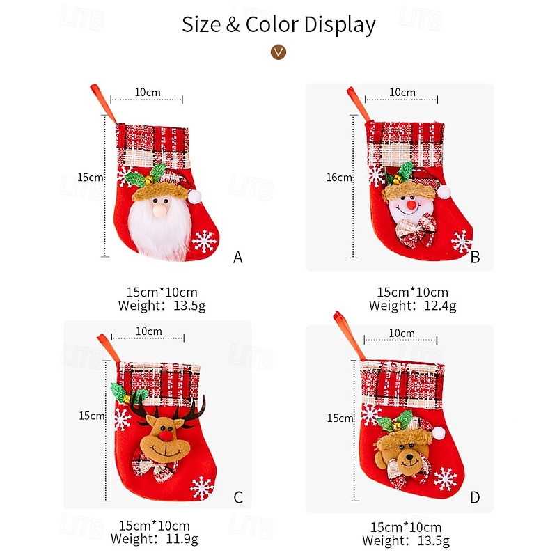 4Pcs Christmas Stockings,Bells, Snowflake Santa Claus Snowman Reindeer Gift Bags, Holiday Party Decoration Supplies3