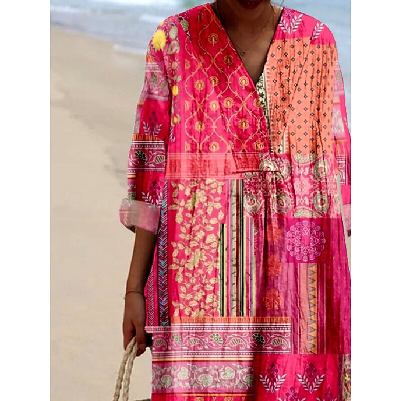 Women's Midi Dress Casual Dress Sundress A Line Dress Vacation Casual Boho Party Holiday Beach Loose Fit Floral Graphic Paisley Long Sleeve V Neck Magenta Blue Orange Spring Fall2