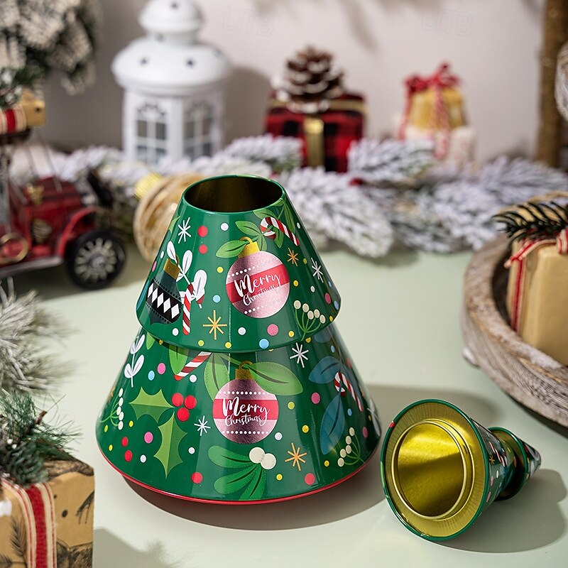 Christmas Cookie Tins with Lids for Gift Giving Xmas Tin Containers Green Christmas Tree Shaped Metal Storage Box Holiday Candy Biscuit Packaging Box Festive Party Decoration Accessory2