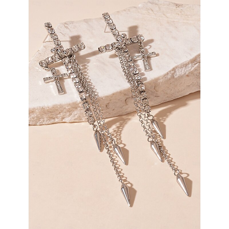 Women's Rhinestone Cross Dangle Earrings - Gothic Punk Long Chain Spike Drop Earrings for Party, Nightclub and Concert Outfits3
