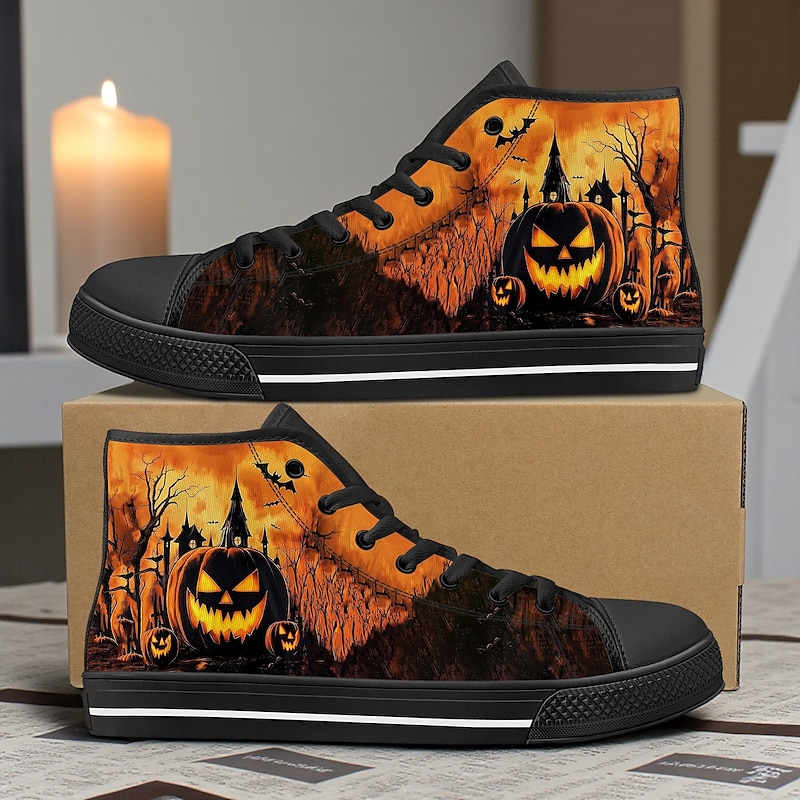 Men's Orange / Black High Top Sneakers with Halloween Pumpkin Print – Casual Festival Canvas Shoes for Party, Streetwear and Everyday Wear3