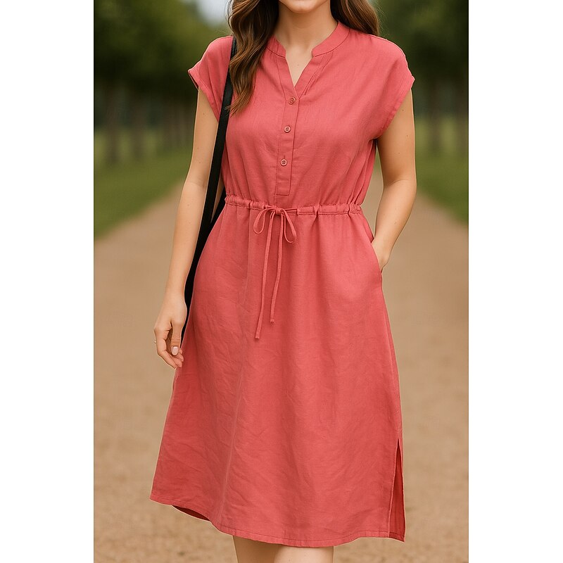 Women's Midi Dress A Line Dress Summer Dress Casual Daily Regular Fit Plain Short Sleeve Stand Collar Yellow Red Summer2