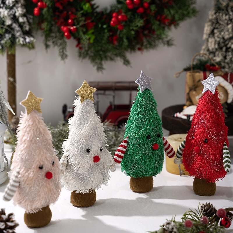 4PCS Plush Christmas Tree Figurines, Creative 3D Mini Tree Decorations, Soft Holiday Tabletop Ornaments for Home and Party Decor2