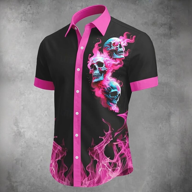 Halloween Men's Skull Flame Halloween Costumes Shirt Button Up Shirt Short Sleeve Dark Gothic Style Holiday Summer Spring Turndown 3D Print Collared Shirts Black
