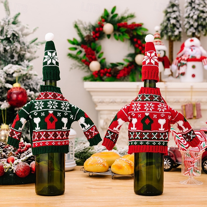 2Pcs Christmas Knitted Sweater Wine Bottle Covers, Festive Table Decor Red Wine Bottle Sleeves, Cozy Knit Mini Sweater Wine Bottle Decorations