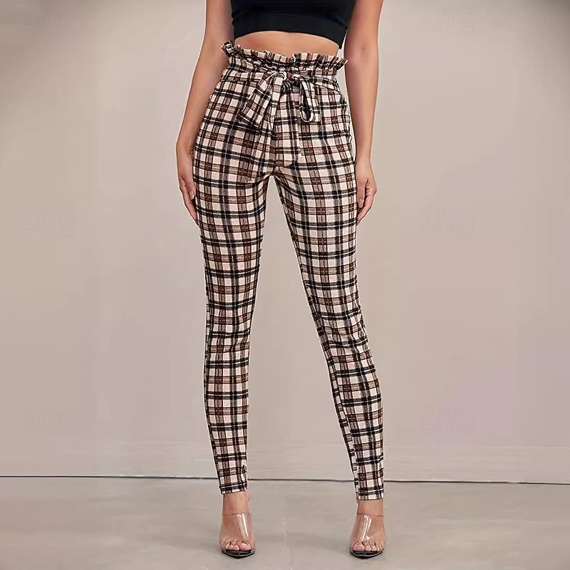 Women's Casual Knitted Pants High Waist Athletic Pilates Running Bottoms Plaid Khaki Fall Sports Activewear