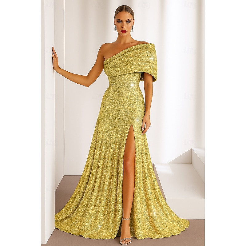 Sequined Gold Black A-Line Cocktail Dresses Elegant Dress Formal Wedding Floor Length Sleeveless One Shoulder Sequined with Glitter 2025 - Main Image