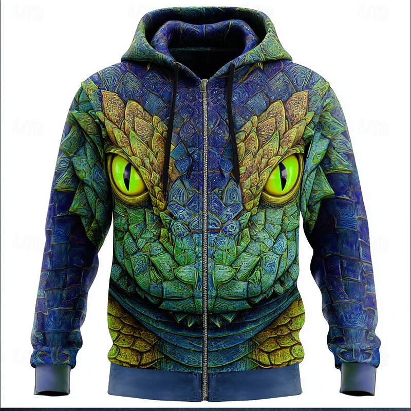 Men's Dragon 3D Hoodie Jacket Sweatshirt Fantasy All Over Print Zip Vacation Going out Streetwear Blue Dark Green Zipper Fall Winter Designer4