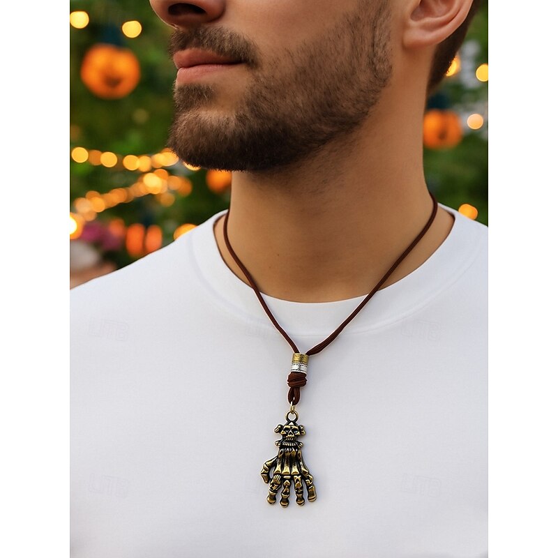Men's Halloween Skeleton Hand Pendant Necklace – Vintage Bronze Leather Cord Gothic Jewelry for Party, Cosplay and Nightlife2