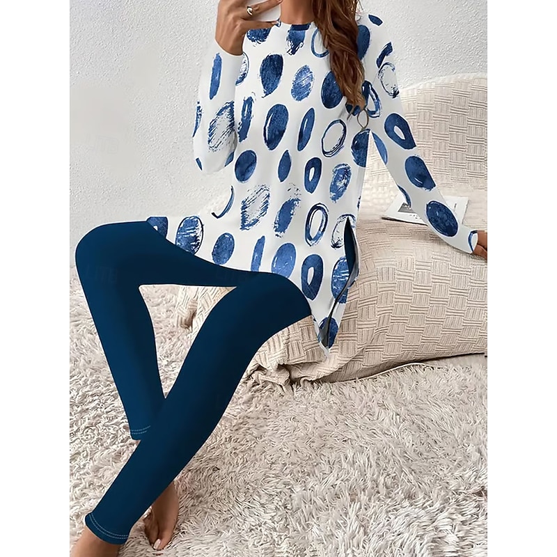 Women's Pajama Set Loungewear Round Neck Long Sleeve Casual Fashion Pants Sets Graphic Geometric Abstract Print Daily Daily Black White Blue Spring Regular Fit2