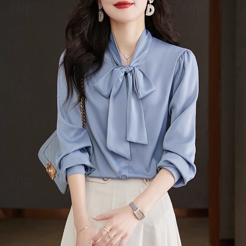 Women's Shirt Plain Stylish Modern Long Sleeve Shirt Collar Regular Tops Daily Holiday Buttons Bow White Blue Spring Fall2