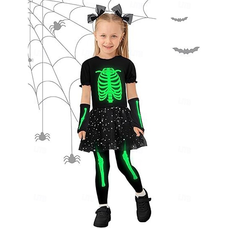 Skull Skeleton Halloween Costume Jumpsuit Bodysuits Glow in the Dark Horror Scary Costume Kid's Girls' Halloween Carnival Performance Party Easy Halloween Costumes Dress Up2