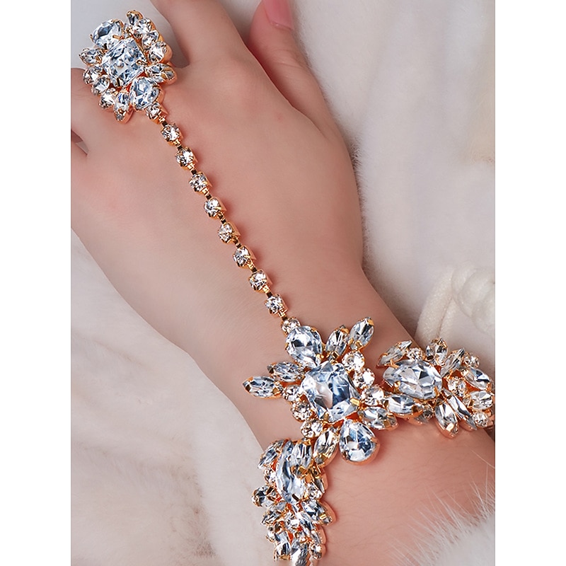 Women's Silver Rhinestone Hand Chain Bracelet with Statement Ring, Glamorous Jewelry for Parties and Special Occasions2