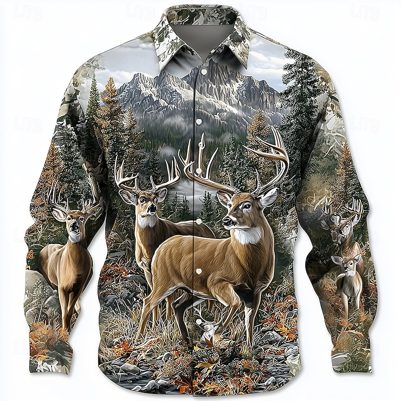 Men's Reindeer Nature Forest Shirt Button Up Shirt Long Sleeve Vintage Retro Outdoor Camping & Hiking Hunting Spring Fall Turndown 3D Print Collared Shirts Blue Khaki Light Grey Gray Light Blue