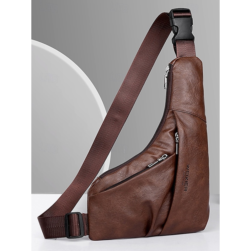 Men's Brown Faux Leather Crossbody Sling Bag – Vintage Chest Shoulder Pack with Adjustable Strap and Multiple Zipper Pockets for Travel, Outdoor and Daily Casual Wear4