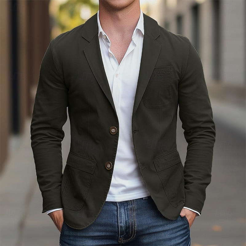Men's Blazer Outdoor Casual Pocket Fashion Casual Spring &  Fall Cotton Polyester Plain Pocket Casual / Daily Single Breasted Blazer Black khaki Army Green