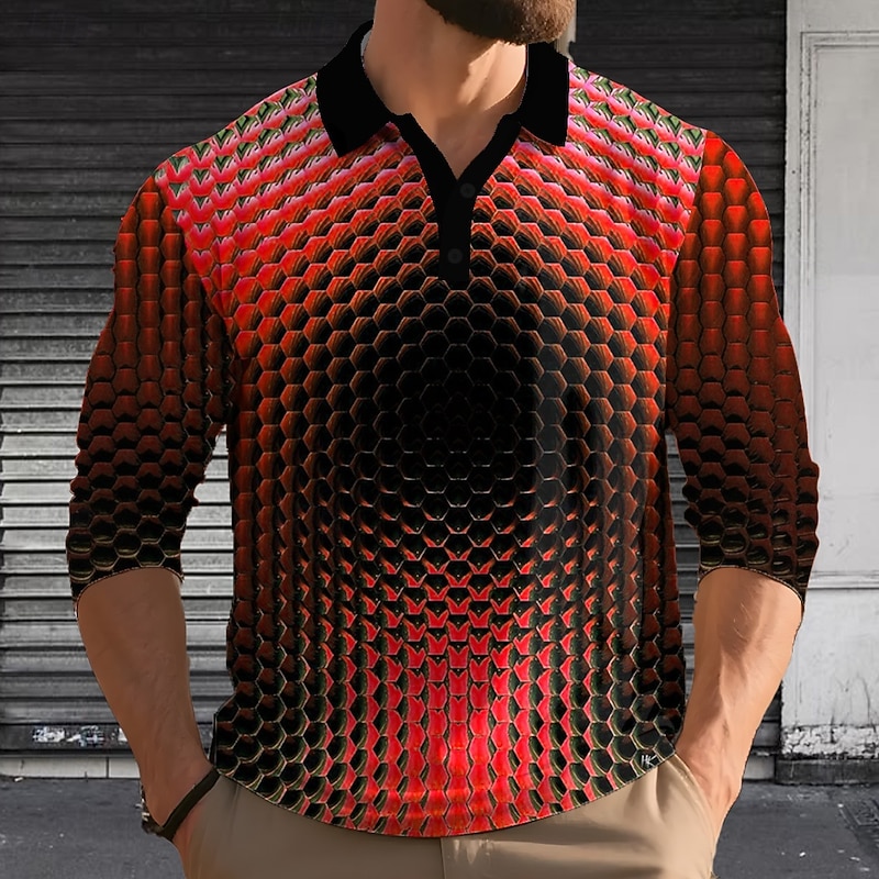 Men's Geometric Polo Long Sleeve Polo Shirts Lapel Casual Outdoor Street Athleisure Daily Wear 3D Print Buttons Spring Fall Winter Red Blue Purple3
