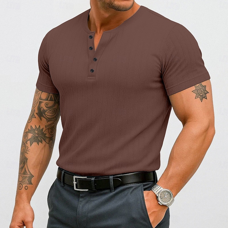 Men's Henley Shirt Short Sleeve Shirt Muscle Shirt Ribbed Knit tee Short Sleeve Henley Summer Solid Color Daily Hawaiian Buttons Outdoor Street Causal White Blue Top Tee for Men4