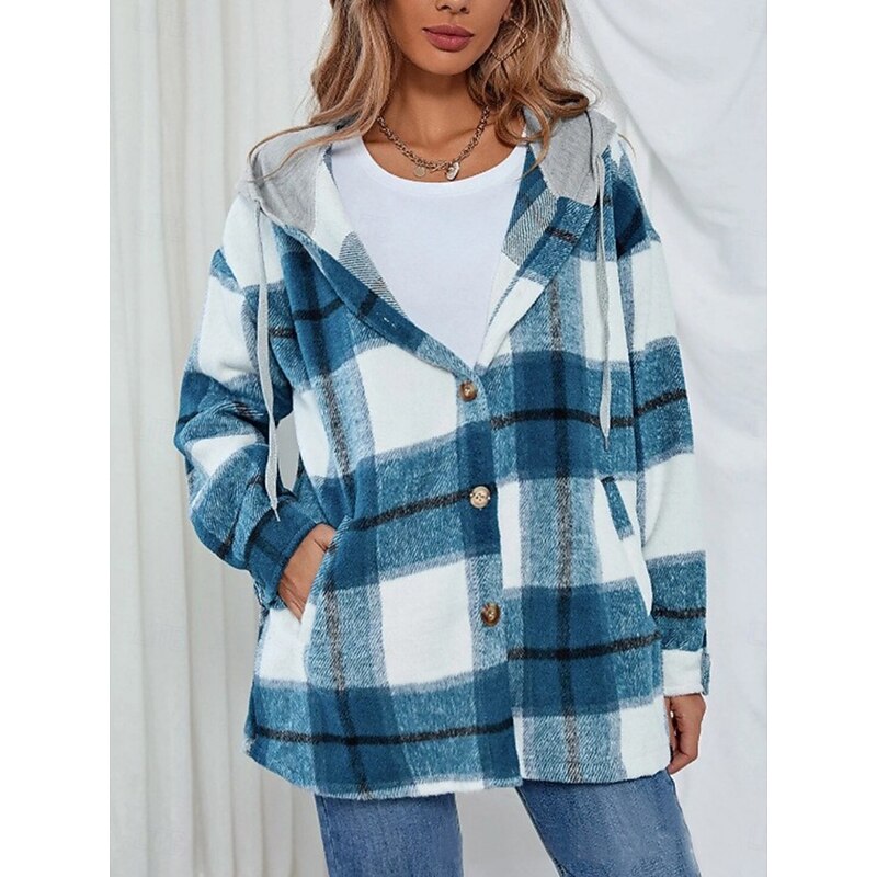 Women's Casual Jacket Hoodie Jacket Comfortable Breathable Buttons Print Casual Plaid Vacation Street Casual Daily Wear Single Breasted Regular Hooded Loose Fit Long Sleeve Outerwear Black Wine Navy2