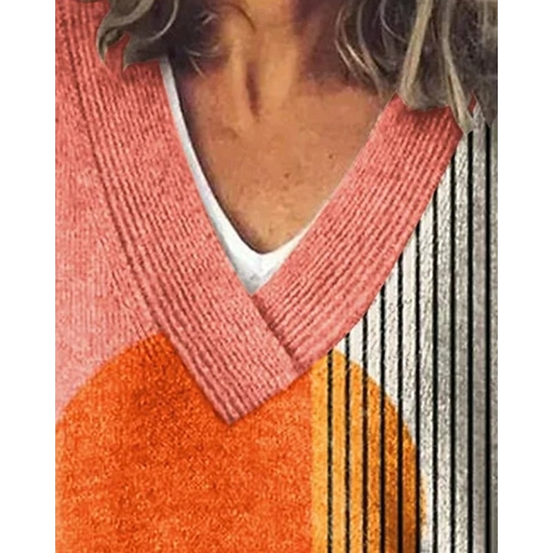 Women's Sweater Fashion Color Block Ribbed V Neck Knitted Long Sleeve Regular Tops Knit Holiday Going out Weekend Orange Winter3