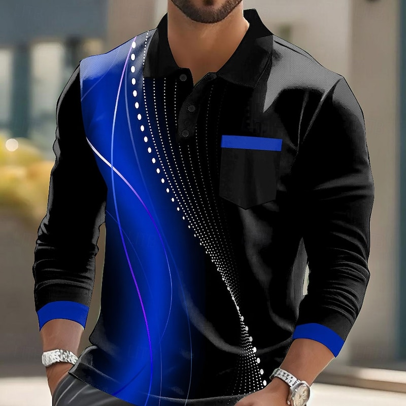 Men's Geometric Polo Long Sleeve Polo Shirts Lapel Casual Business Casual Athleisure Daily Wear Pocket 3D Print Buttons Spring Fall Lake blue Red Blue3