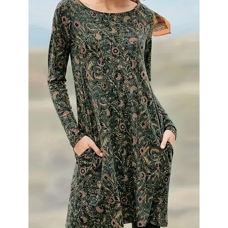 Women's Midi Dress Paisley Dress Casual Dress Winter Dress T Shirt Dress Tee Dress Casual Date Regular Fit Floral Paisley Long Sleeve Crew Neck Dark Green Ink Blue Brown Fall Winter4