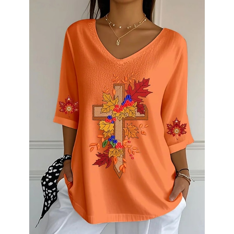 Women's Blouse Graphic Daily Casual 3/4 Length Sleeve V Neck Regular Tops Daily Holiday Print Orange Summer Spring Fall