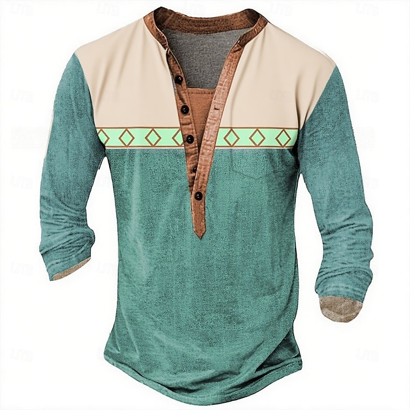 Men's Ethnic Henley Shirt Tee Long Sleeve Ethnic Casual Summer Spring Light Green Henley Henley T-Shirt