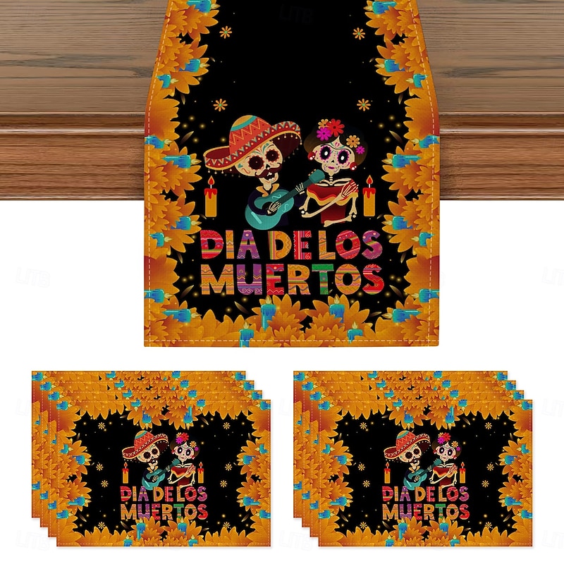 1pc/6pcs/7pcs Halloween Maple Leaf Skull Candle Linen Tablecloth Table Mat Halloween Gift Design Tablecloth Suitable for Home Dining Room and Restaurant Table Decoration Home Decoration Tablecloth Ind