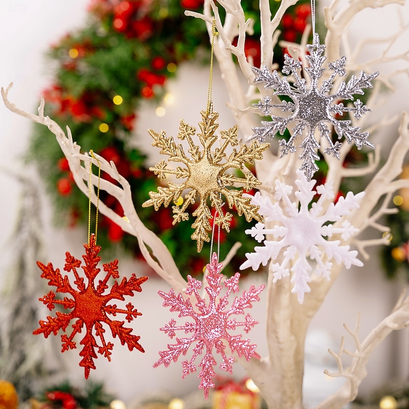 6PCS Christmas Snowflake Ornaments, Colorful 3D Glitter Snowflake Hanging Decorations with Gold, Pink, and Metallic Accents for Xmas Tree and Holiday Decor